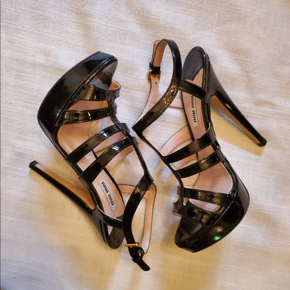 MIU MIU black patent leather caged platform